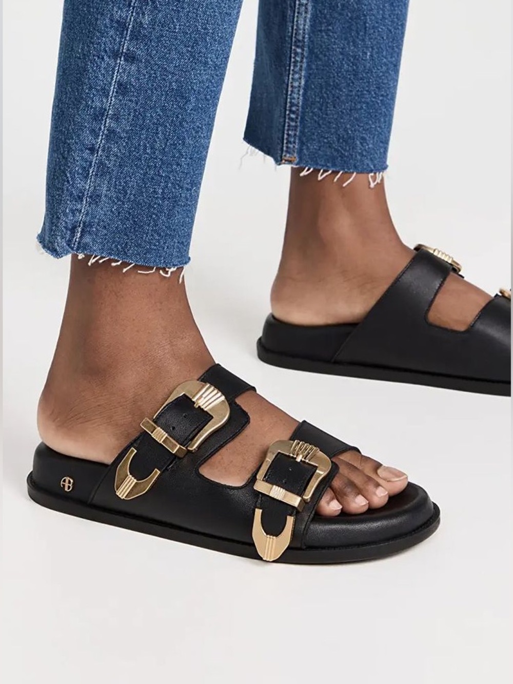 Anine Bing Black Leather Slide Sandals with Gold Buckles - Picture 4 of 16
